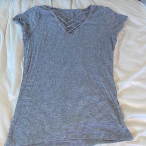 Grey T-shirt w/ Crisscrossed V-neck